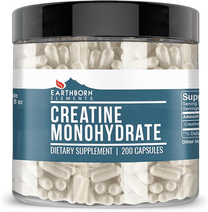 Earthborn Elements Creatine Monohydrate 200 Capsules, Pure & Undiluted, No Additives