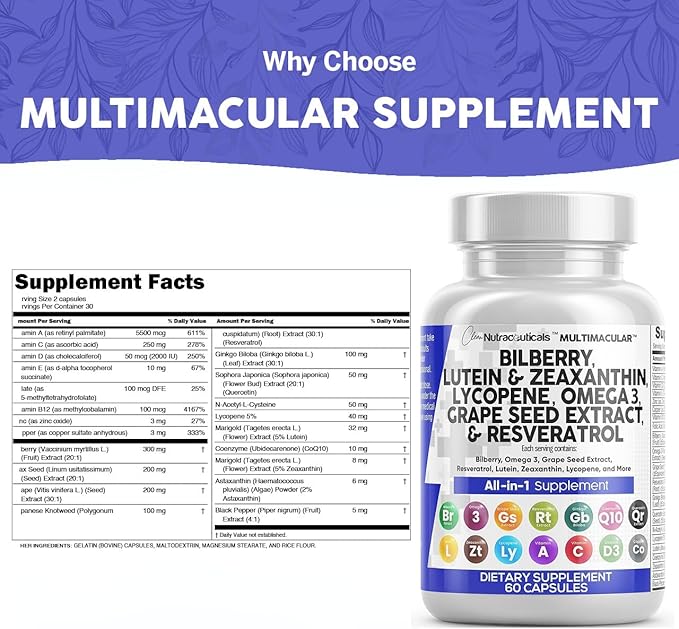 Clean Nutra Eye Vitamins with Bilberry Lutein and Zeaxanthin Supplements Lycopene 40mg Resveratrol Grape Seed Astaxanthin for Eyes - Eye Care Health Support Eye Vitamin and Mineral Supplement