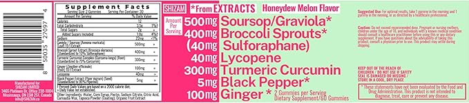Soursop Graviola Curcumin Lycopene Broccoli Sprouts Sulforaphane Extract Gummies with Turmeric Curcumin Ginger Black Pepper, Sour Sop Guyabano Leaf Supplement, Chew Chewable Pills Capsules Supplements
