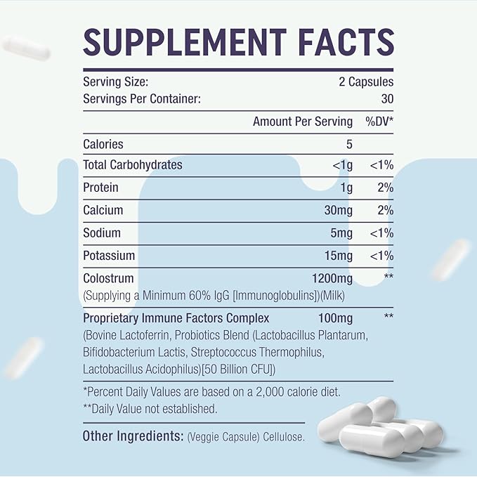 Bovine Colostrum Capsules Supplement 1300mg - Extra High 60% IgG Bovine Colostrum - Gut, Bone, Exercise, Immune - 60 Capsules