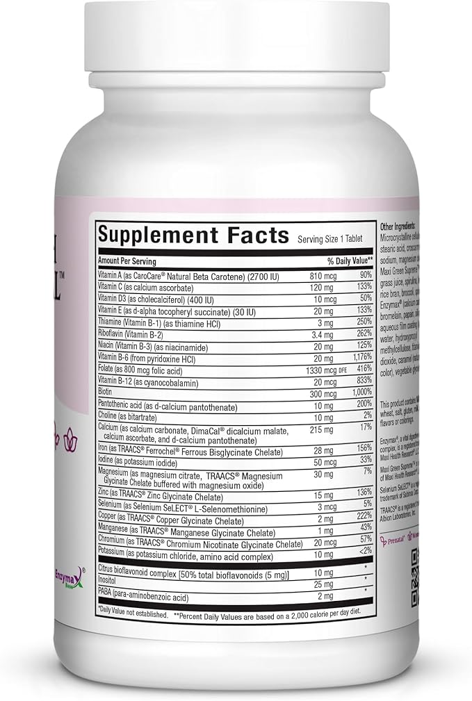 Maxi Health One Prenatal - Womens Prenatal Vitamins with Iron - Enhanced Absorption & Bioavailability - Daily Multivitamin for Women - Multi Vitamin & Mineral Supplement for Adults - 60 Tablets