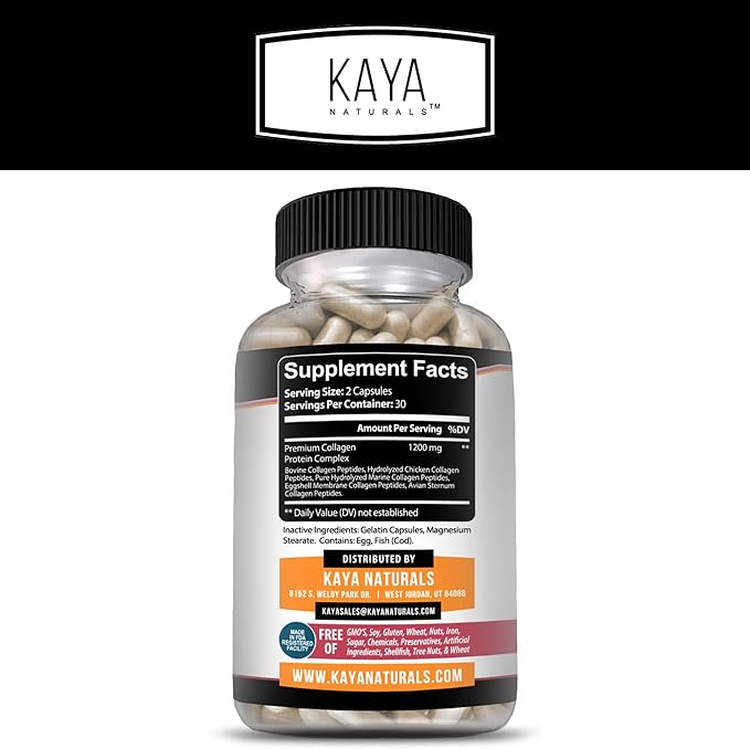 Kaya Naturals Multi Collagen Peptides Complex Powder for Women and Men, Types I, II, III, V & X | 60 Count Capsules