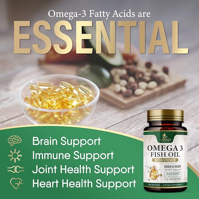 Triple Strength Omega 3 Fish Oil Supplement, EPA & DHA Fish Oil Omega 3 Essential Fatty Acids Supplement Softgels, 2400mg Brain & Heart Health Support Supplements - Gluten Free, Non-GMO, 120 Softgels