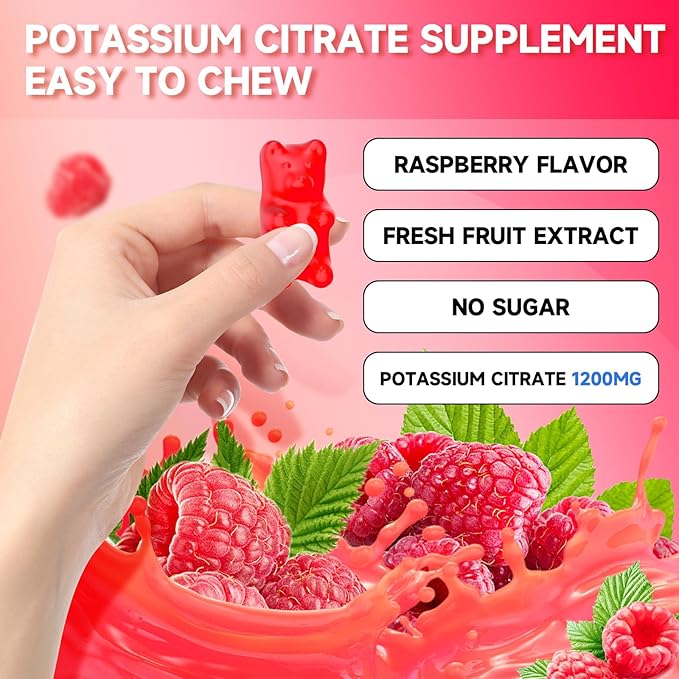 2 Pack Potassium Citrate Gummies, High Potassium Supplement Gummies 1200mg Support Leg Cramps & Muscle Health, Potassium Gummies for Adults & Kids, Vegan, Raspberry Flavor 120 Count