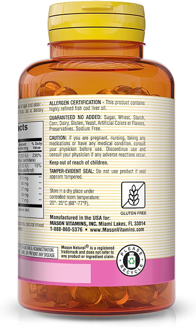 MASON NATURAL Cod Liver Oil Plus Vitamin A & D3 - Healthy Heart and Brain Function, Improved Immunity, Supports Overall Health, 100 Softgels
