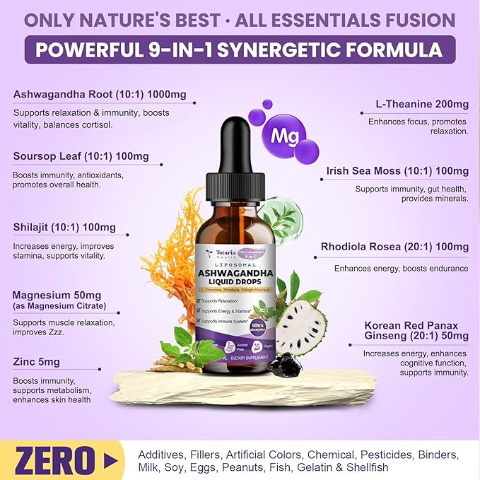(2 Packs) Liposomal Ashwagandha Liquid Drops w/Soursop Bitters, L-Theanine, Shilajit, Maximum Absorption, Natural Energy, Cortisol Health for Women & Men, Non-GMO, Alcohol Free