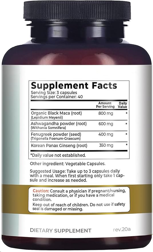 Why Not Natural 4-in-1 Organic Black Maca Root, Ashwagandha, Fenugreek, Panax Ginseng Capsules, Supplement for Men and Women