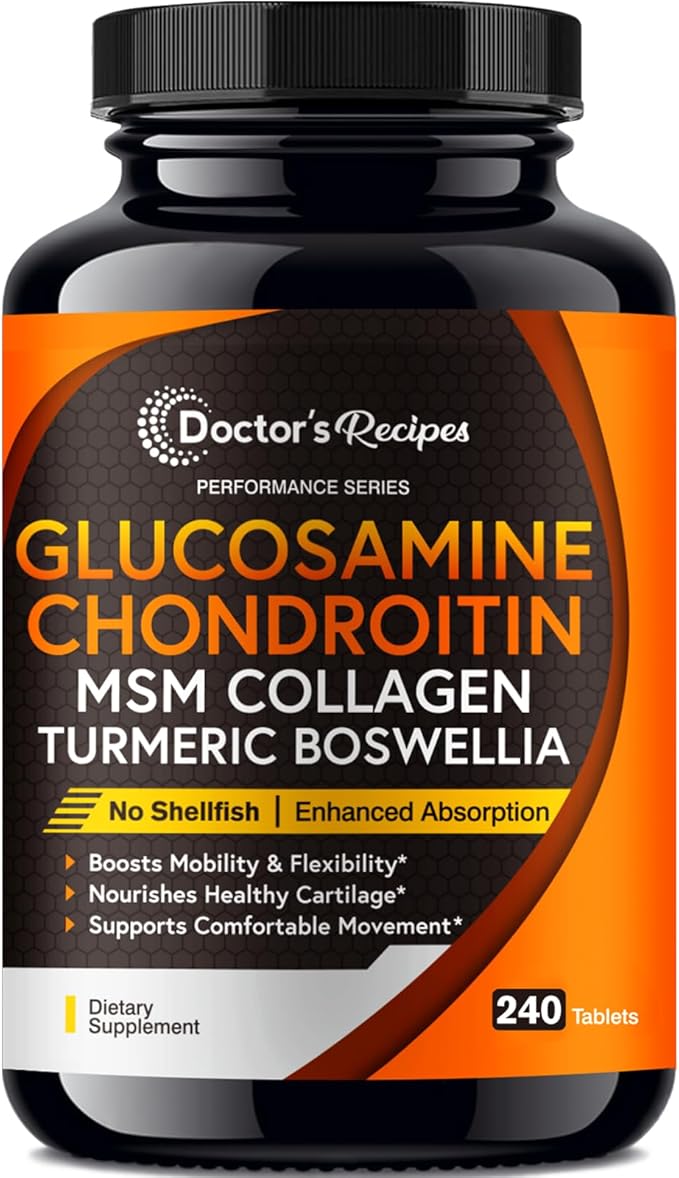 Doctor's Recipes Glucosamine Chondroitin MSM Turmeric Quercetin, Movement Support Supplement for Men & Women, with Black Pepper for High Absorption, Mobility & Flexibility, No Shellfish, 240 Tablets