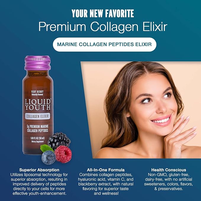Liquid Collagen Elixir Shot for Women & Men - Premium Liquid Marine Collagen for Hair Growth, Skin, Nail, Bone & Joint Health - Travel-Friendly (Very Berry, 10 Servings Per Box)