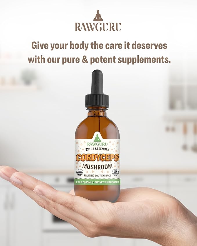 RawGuru Cordyceps Mushroom Supplement - Vegan Cordyceps Extract with Trace Minerals - Nano-Processed Immunity Boost & Cognitive Supplement Tincture - 60 Servings of Vegan Drops per 60 ml, Pack of 1