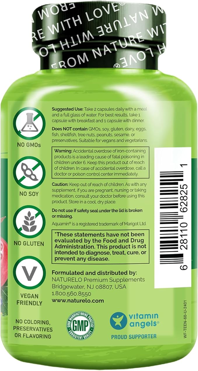 NATURELO Teen Multivitamin - Whole Food Multivitamin - with Minerals for Teenage Boys & Girls - Supplement for Active Kids - Non-GMO - Vegan & Vegetarian - 60 Capsules