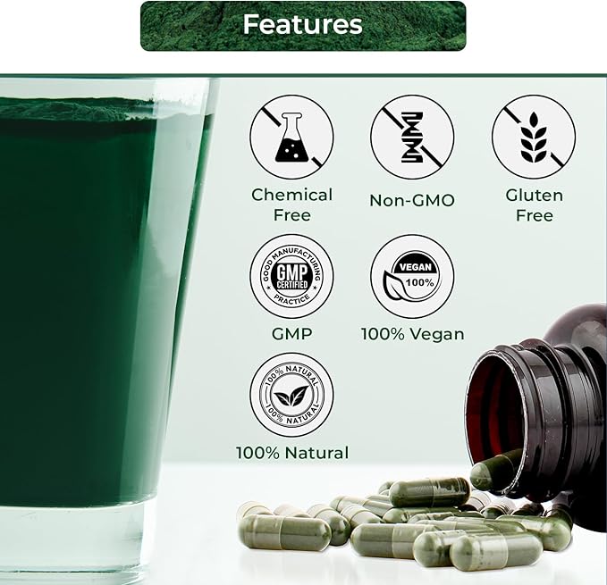 USDA Organic Spirulina Capsules - 100% Pure Vegan Supplement, Non-GMO, Gluten-Free, Chemical-Free, (120)