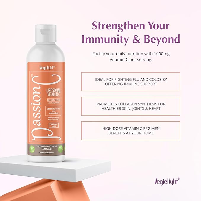PassionC Liquid Liposomal Vitamin C 1000mg - Improved Formula with Lipid-Protect - True Encapsulation and Micronized for Superior Absorption, Great Pineapple Taste, non GMO - 30 Servings