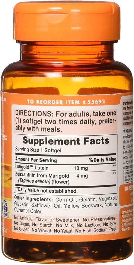 Puritan's Pride Zeaxanthin 4mg with Lutigold™ Lutein 10mg Carotenoids, Dietary Supplement for Healthy Eyes and Vision, 60 Easy-to-Swallow Rapid Release Softgels