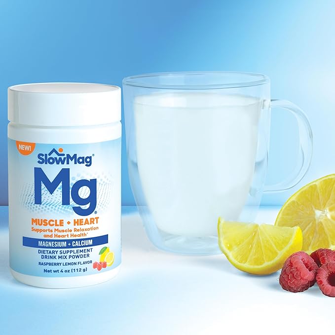 SlowMag® Magnesium Powder, Magnesium + Calcium Supplement Drink Mix, Raspberry Lemon Flavor, Supports Muscle Relaxation & Heart Health, 4oz