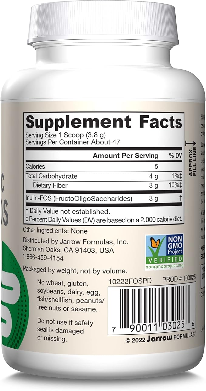 Jarrow Formulas® Prebiotic Inulin FOS Prebiotic Fiber Supplement, 6.3 Oz, Prebiotics for Gut Health and Digestive Support, Approx. 47 Servings