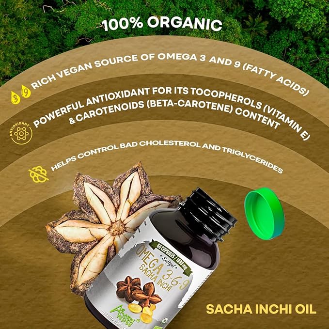 Amazon Andes Sacha Inchi Capsules (Plukenetia volubilis) - Source of Omega 3, 6, 9 with Essential Fatty Acids - Odorless & Sustainably sourced - Brain Function Supporter - 60 Softgel Pills (1000mg)