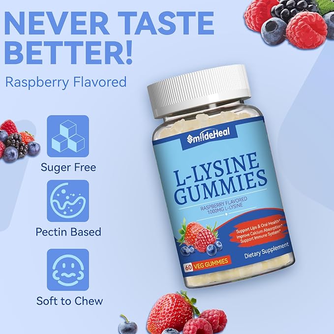 2 Pack L-Lysine 1000mg Gummies, Chewable Lysine Supplement for Adults, Immune Support, Collagen Formation Support, Non-GMO, Vegan, Gluten Free - 120 Counts