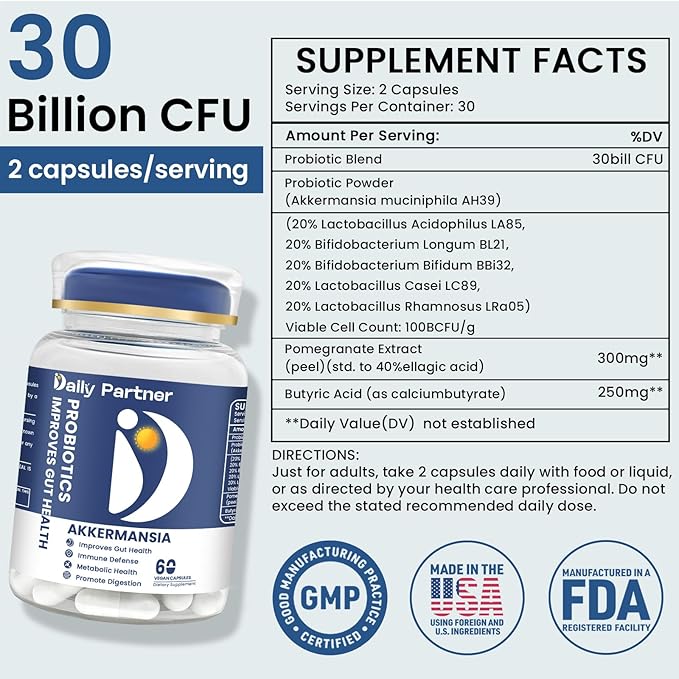 Akkermansia Probiotic with Butyrate, 30 Billion CFU Akkermansia Muciniphila Probiotics for GLP-1 Production, Supports Digestive & Gut Health for Women & Men, Delayed Release, 60 Count (Box Included)