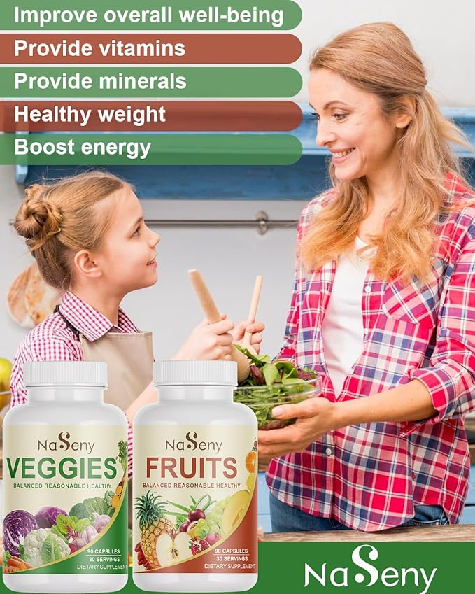 Fruits and Veggies Supplement with 40 Different Fruits & Vegetables-Nutrient-Rich Formula Rich in Vitamins and Minerals for All Ages for Energy, Immunity- 90 Fruit & 90 Veggie Capsules