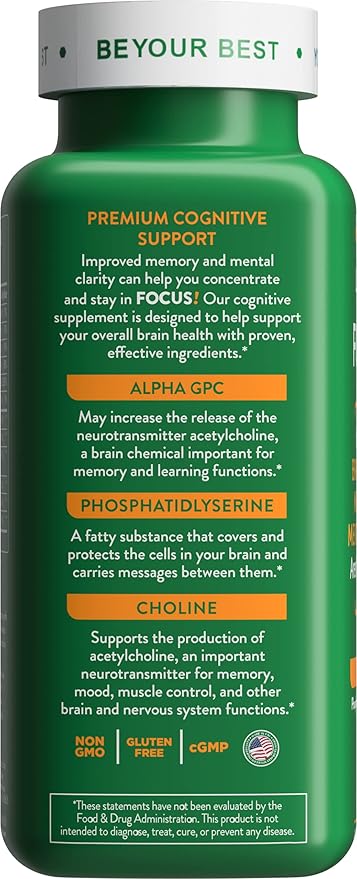 Health Logics Focus! - Brain Supplement for Memory, Clarity, Concentration with Choline, Ginkgo Biloba, Alpha GPC, Phosphatidylserine, Bacopa Monnieri l 60 Capsules l Non-GMO