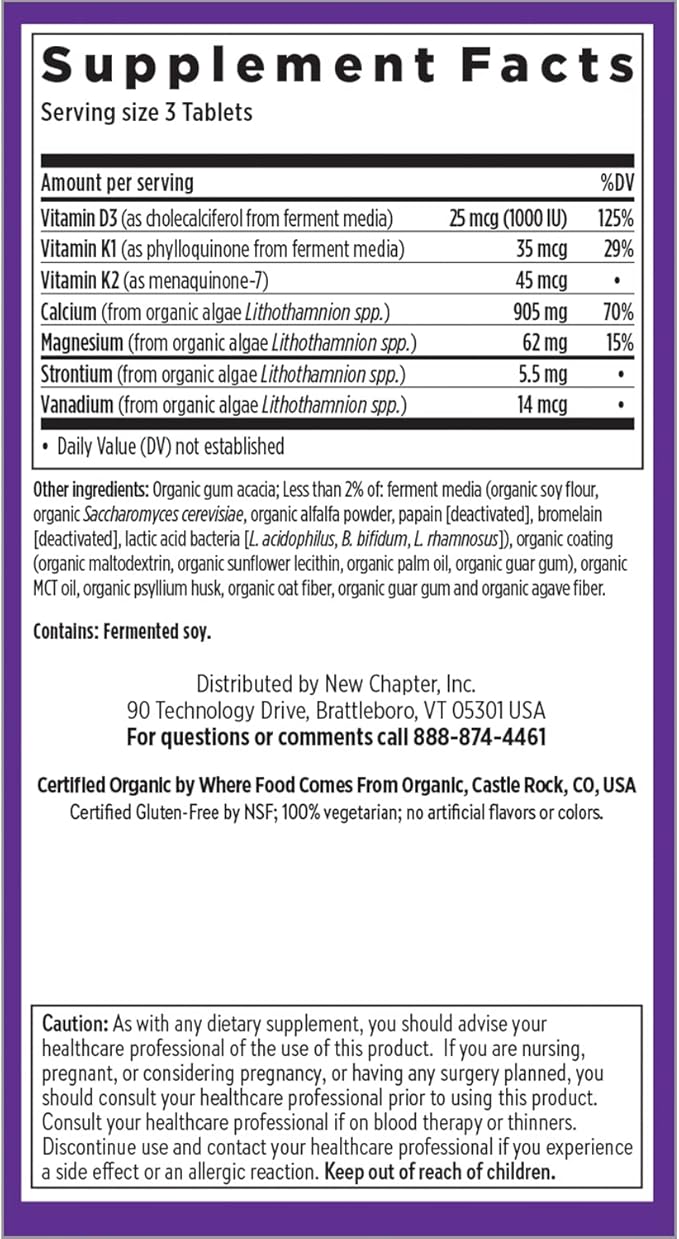 New Chapter Calcium Supplement - Bone Strength Organic Calcium with Magnesium, Vitamin D3+K2, 70+ Trace Minerals for Bone Health, Gluten Free, Easy to Swallow Slim Tablets - 120 Count