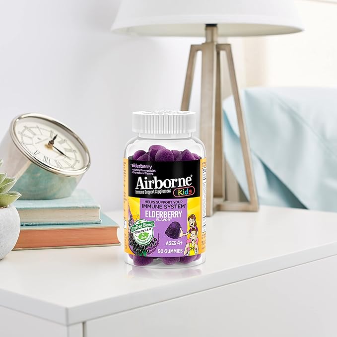 Airborne Kids Elderberry + Zinc & Vitamin C Gummies, Kids Immune Support with Powerful Antioxidants VIT D & E - 50 Gummies, Elderberry Flavor