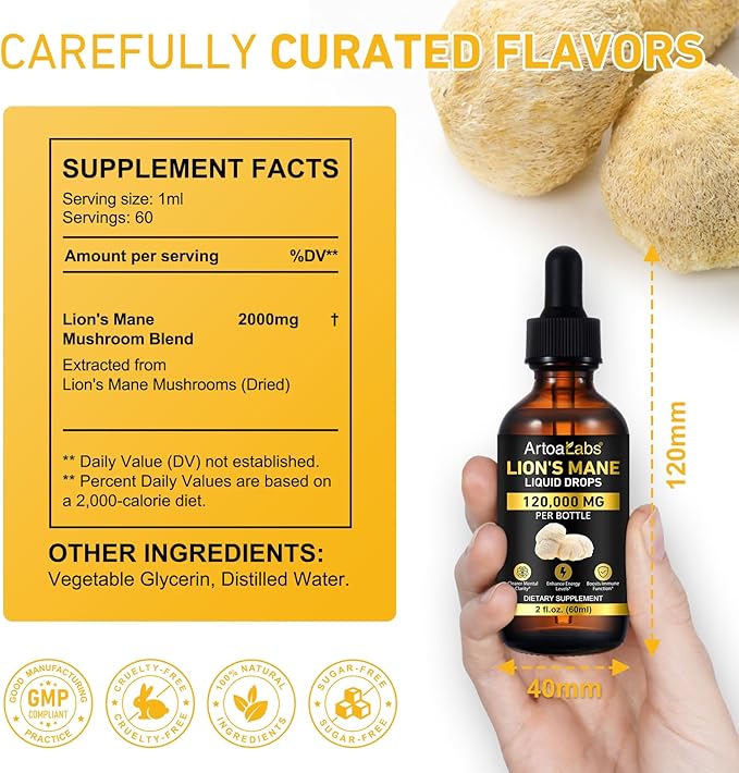 Lions Mane Mushroom Drops - 2Pack, Brain Supplement, Brain Vitamins, Enhance Memory & Focus & Immunity, 4 Oz
