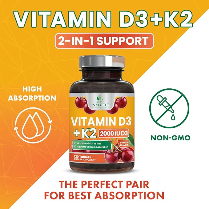 Vitamin D3 K2 2000 IU Plus with K2 (MK-7) 75 mcg - Vitamins D & K Complex Supplement for Bone, Teeth, Muscle, Calcium Absorption, Supports Immune & Heart Health, Non-GMO Chewable Formula - 120 Tablets