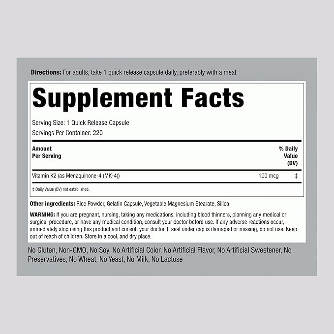 Piping Rock Vitamin K2 MK4 Supplement | 100mcg | 220 Capsules | Non GMO & Gluten Free