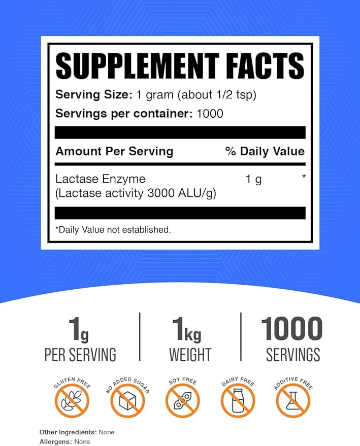 BulkSupplements.com Lactase Enzyme (3000 ALU) Powder - Digestive Enzyme Lactase, Lactase Enzyme Supplement - Gluten Free, 1g per Serving, 1kg (2.2 lbs) (Pack of 1)