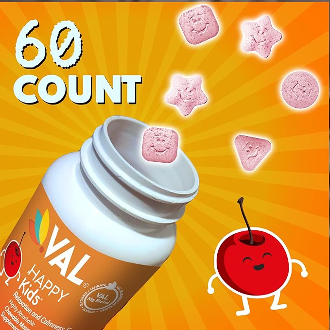 VAL Magnesium for Kids | High-Absorption Magnesium for Calm, Relaxation & Focus | Mg Glycinate, Citrate & Taurate | with Vitamin B6, D & C | Sugar-Free, Non-GMO | 60 Chewable Tablets