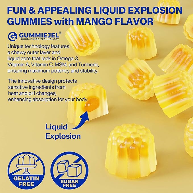 Vegan Omega-3 Gummies 1000mg + Turmeric - Omega 3 Fish Oil Alternative for Adults - Algae DHA 600mg & EPA 300mg, Vitamins A, C, E, Zinc & MSM, Sugar Free, 60 Cts