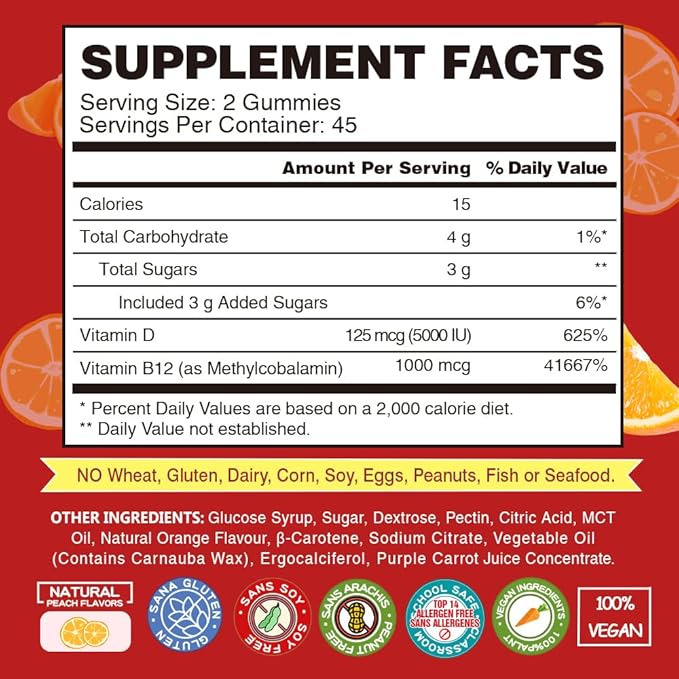 Vegan Vitamin B12 Gummies with Vitamin D - 90 Count I 1000 MCG Methyl B12 & D3 5000 IU Chewable Gummies Supplements for Adults & Kids - Supports Bone Health & Daily Energy Boost - Non-GMO, Orange
