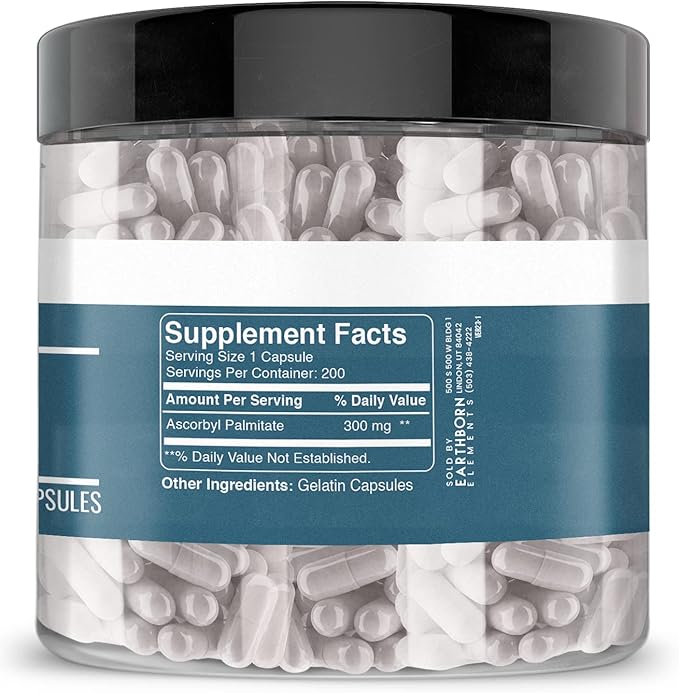 Earthborn Elements Ascorbyl Palmitate 200 Capsules, Pure & Undiluted, No Additives