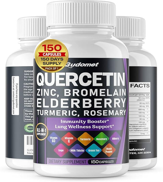 Quercetin Bromelain Zinc Vitamin D3 Elderberry Turmeric Rosemary Bilberry Sage Odorless Garlic Green Tea Milk Thistle Oregano -150 Capsules- Made in USA