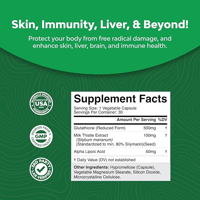 Skin Brightening Glutathione Supplement with Milk Thistle 1000mg - Glutathione Skin Whitening Capsules with Alpha Lipoic Acid for Liver Care, Energy Support & Immune Help - for Men & Women - 30 Count