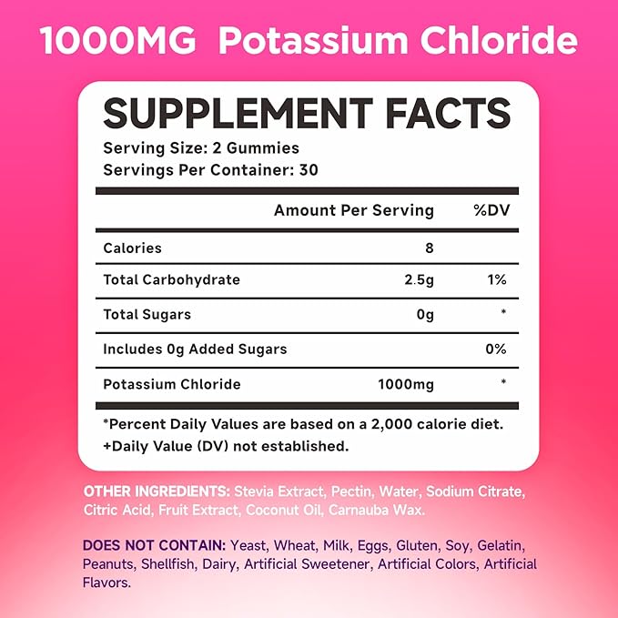 2 Pack Potassium Gummies, Potassium Chloride 1000mg for Adults, Sugar-Free Potassium Supplement Gummies Support Electrolyte Balance & Leg Cramps for Women & Men, Raspberry Flavor, 120 Count