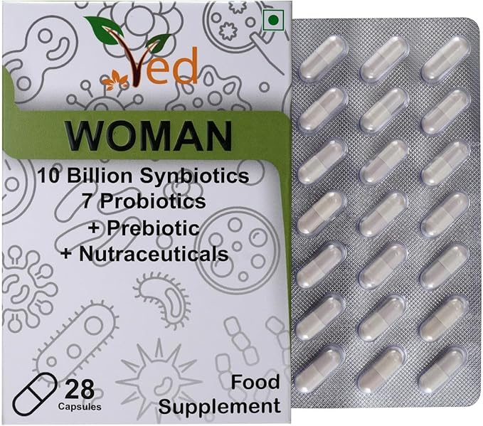 Ved Woman Complex Probiotics and Prebiotics Complex - 10 Billion CFU - 20 Live Bacterial Cultures - 28 Probiotic Complex Capsules for Woman- Lactobacillus crispatus, Silicon Dioxide.