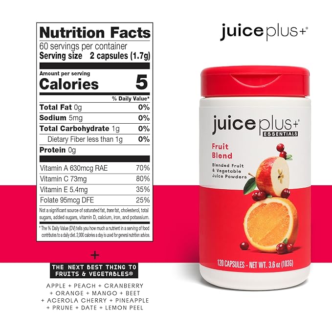 Juice Plus+ Fruit, Vegetable & Berry Blend - Fruit and Vegetable Supplement for Immune Support, Cognitive Health & Radiant Skin - 3 Bottles, (120 Capsules Each)
