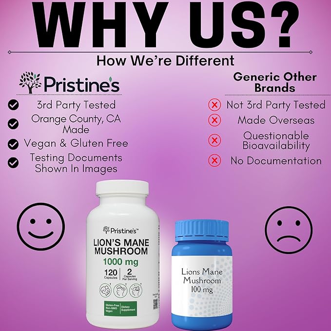 PRISTINE'S Lion's Mane Mushroom Supplement Capsules - Focus & Cognitive Function Adaptogen - 1000mg 60 Day Supply - Immunity, Memory and Focus for Adults - Vegan - Non-GMO