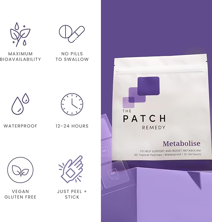 Metabolise Patches | 30 Topical Patches | Waterproof | Ingredients Including 5HTP, Guarana Extract, L- carnitine and Lecithin | Lasts 12-24 Hours