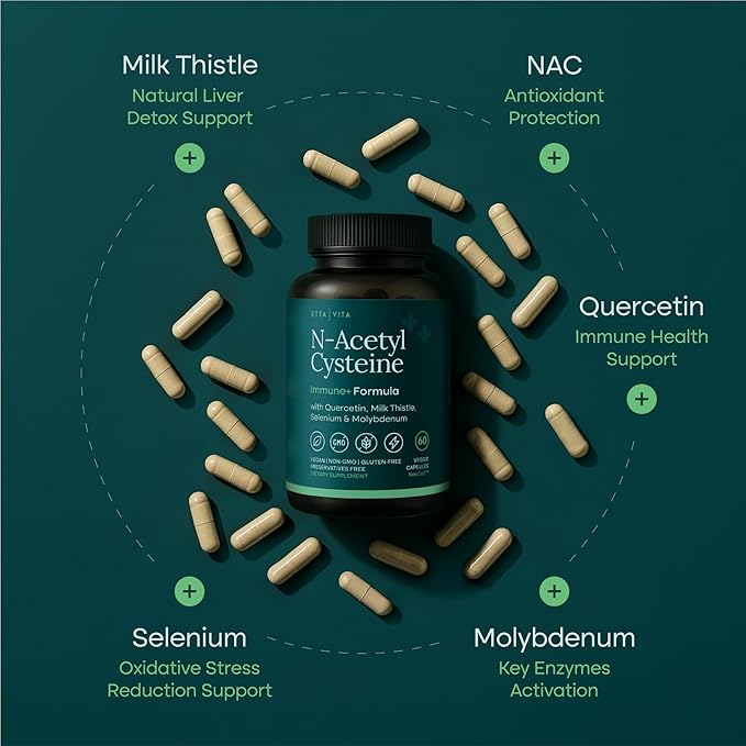 Vegan Liver Detox & Cleanse - NAC Supplement N-Acetyl Cysteine 600mg with Quercetin, Milk Thistle, Molybdenum & Selenium, N-Acetyl-Cysteine Capsules for Immune Support, Respiratory & Brain Health