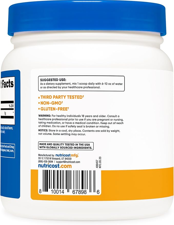 Nutricost L-Glutamine Powder Sweetened with Stevia (500 Grams, Peach Mango) - Supplement for Gut Support, 5 Grams of L-Glutamine Per Serving - Gluten Free, Non-GMO