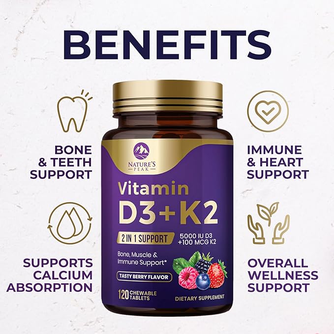 Vitamin D3 5000 iu Plus K2 (MK-7) 100 mcg - 2 in 1 Vitamins D & K Complex - Supports Calcium Absorption, Bone, Immune, & Heart Health – Made in the USA, Non-GMO, Easy to Swallow, 120 Chewable Tablets