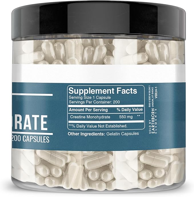 Earthborn Elements Creatine Monohydrate 200 Capsules, Pure & Undiluted, No Additives