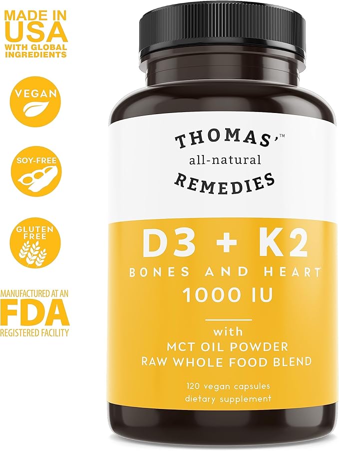 Thomas' all-natural Remedies D3 + K2 with MCT Oil for Better Absorption & Raw Whole Food Blend, 1000 IU D3, Vegan, Made in USA, Support for Your Heart, Bones & Teeth, Non-GMO (120ct)