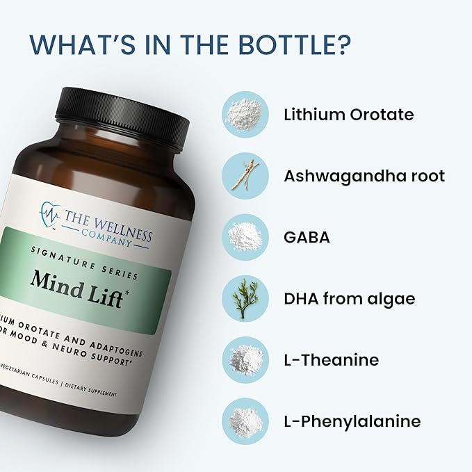 The Wellness Company Mind Lift | 60 Capsules (1 Month Supply) | Supports Healthy Mood with Lithium, Ashwagandha, DHA, and GABA | Non-GMO, Gluten-Free | Stress Management and Cognitive Support
