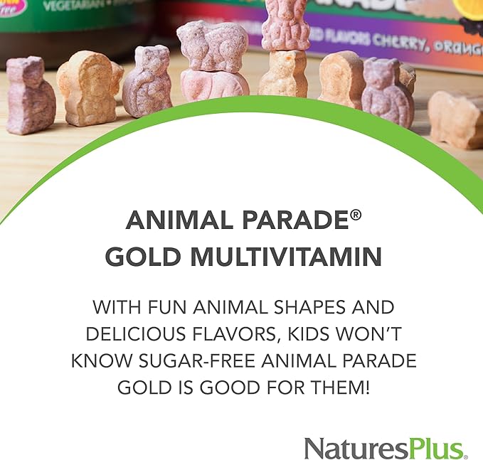 Natures Plus Animal Parade Gold Children's Multivitamin - 120 Animal-Shaped Chewable Tablets - Assorted Cherry, Orange & Grape Flavors - Vegan, Gluten Free - 60 Total Servings