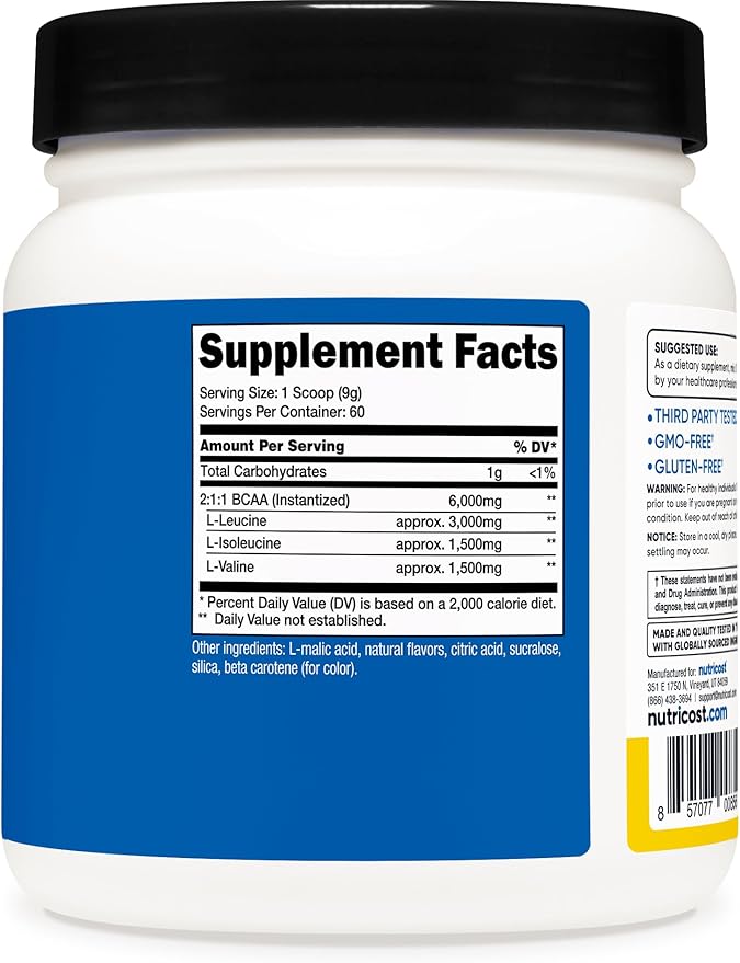 Nutricost BCAA Powder (Pineapple, 60 Servings) - Optimal 2:1:1 Ratio